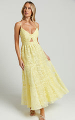 Jorie Midi Dress - Strappy Front Cut Out Tiered Skirt in Pastel Yellow