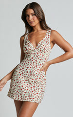 Amalea Mini Dress - Wide Strap Ruched Bust Dress in Red Floral