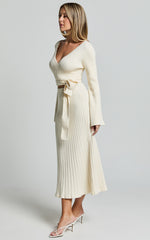 Andreia Midi Dress - Knitted Wrap Long Sleeve Dress in Cream