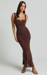 Kody Midi Dress - Bodycon Ruched Mesh Cut Out Dress in Chocolate