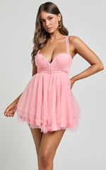 Gwen Mini Dress - Sweetheart Neck Cross Tie Back  Shift Dress in Pink