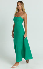 Brette Midi Dress - Linen Straight Neck Strappy Fit And Flare Dress in Green