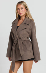 Alessandra Coat - Single Breasted Belted Short Wool Like Coat in Dark Chocolate