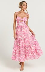 Esmeralda Midi Dress - Strappy Cut Out Tiered Dress in Pink Floral
