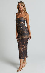 Ashlyn Midi Dress - Ruched Mesh Strapless Dress in Brown