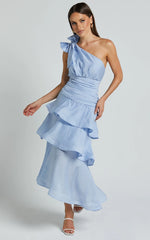 Eugenia Midi Dress - One Shoulder Fit and Flare Layered Dress in Pale Blue