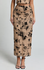 Athena Maxi Skirt - Floral Mesh High Waist Skirt in Brown and Black Burnout
