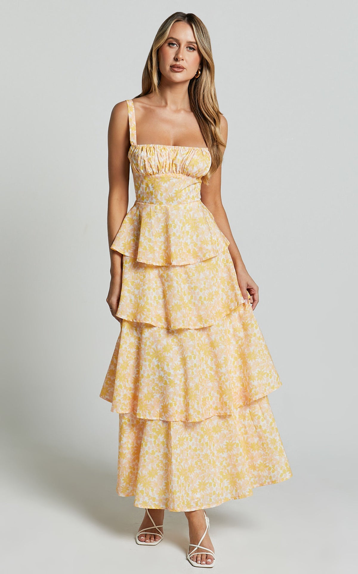 Lorma Midi Dress - Ruched Layered Dress in Orange Floral