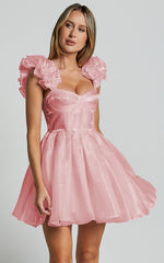 Amber Mini Dress - Sleeveless Ruffle Detail Sweetheart Pleated Dress in Pink