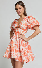 Natalia Mini Dress - Puff Sleeve Cut Out Dress in Orange Floral